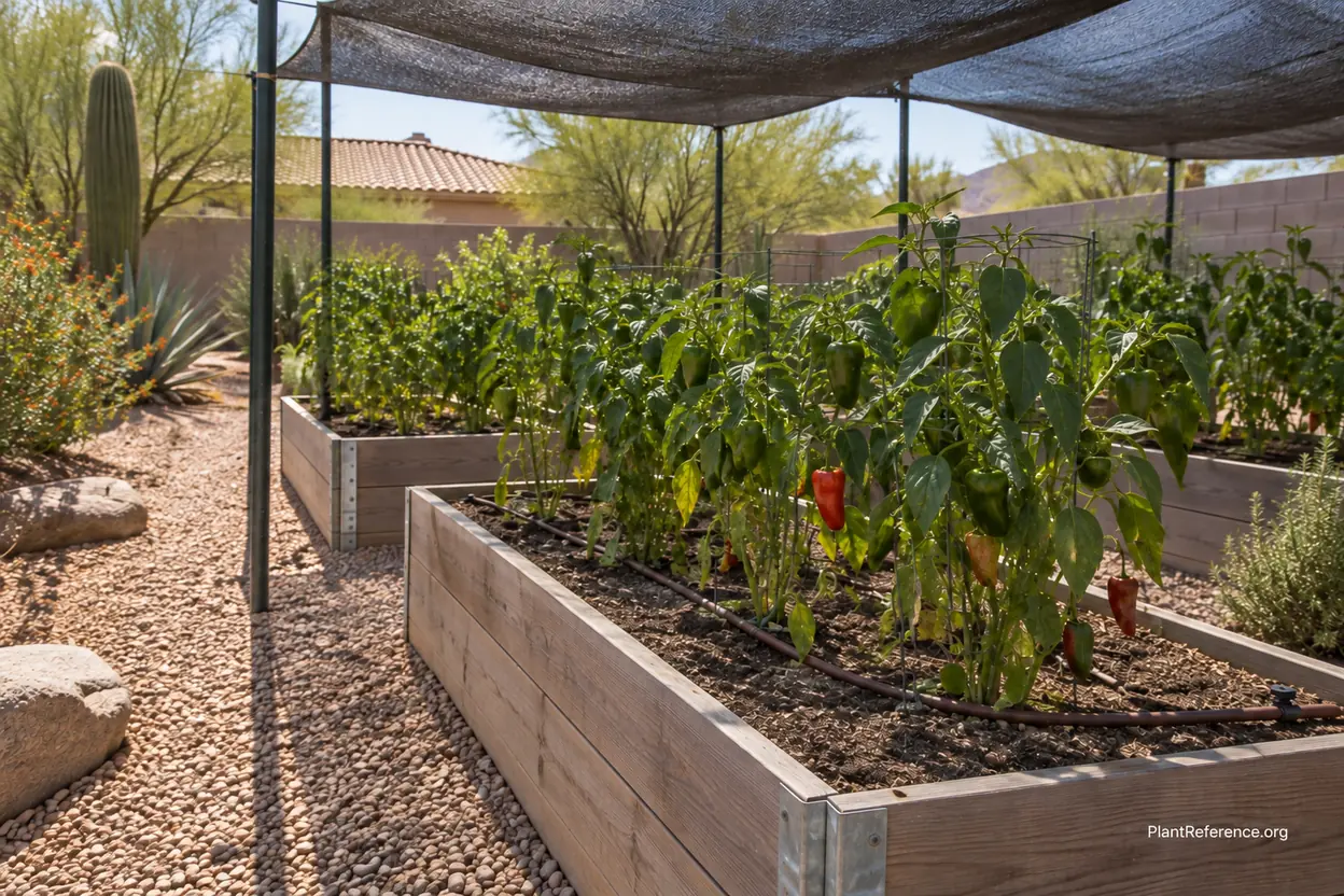 Pepper plants under shade cloth with drip irrigation in Phoenix desert raised bed