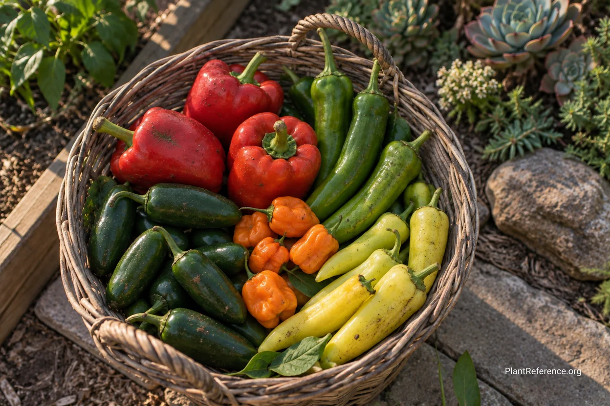 Colorful pepper harvest from San Diego Zone 10b garden showing multiple varieties