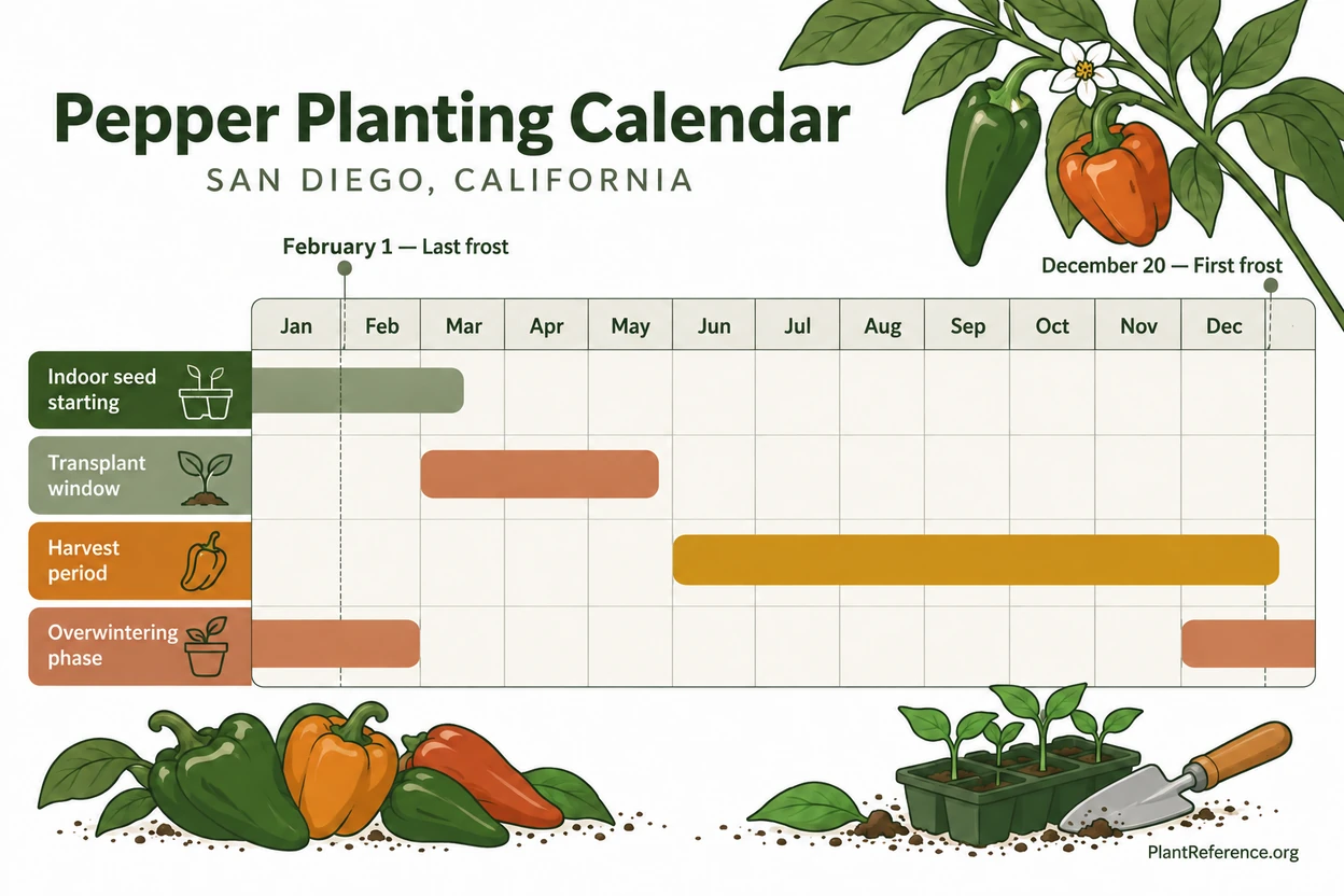 San Diego pepper planting calendar showing March through December production for Zone 10b
