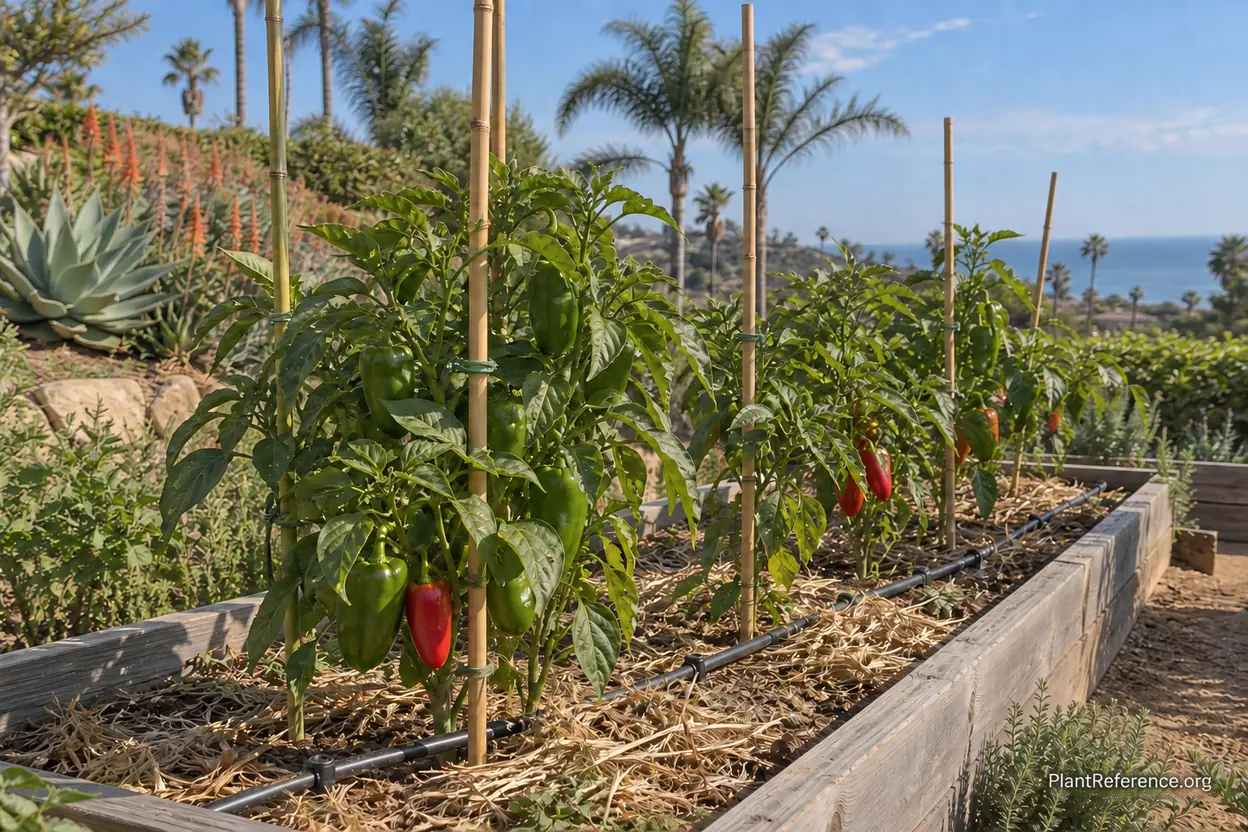 Pepper plants with drip irrigation in San Diego coastal raised bed garden