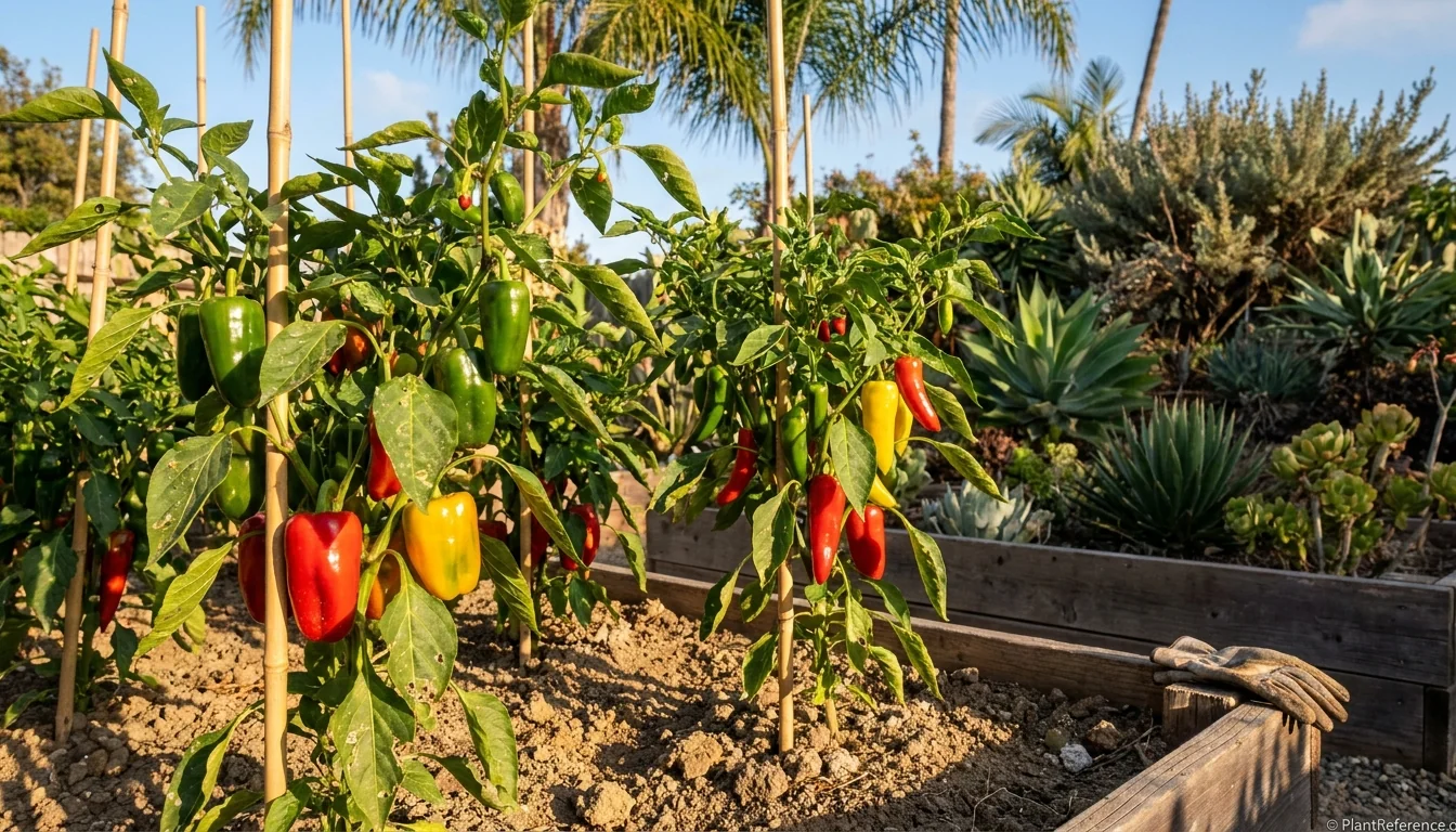 Pepper plants growing in a San Diego Zone 10b garden with coastal landscaping