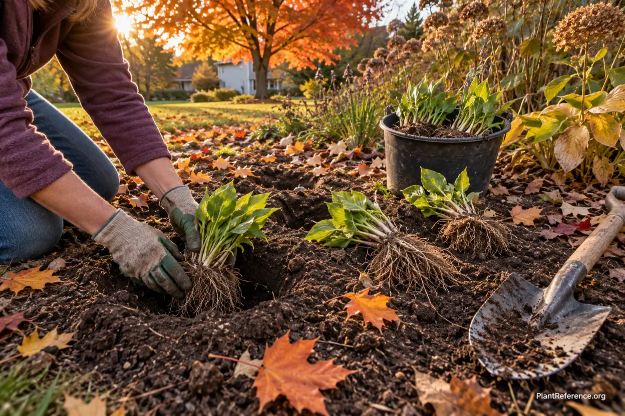 Planting perennial divisions in a fall garden bed six weeks before first hard frost