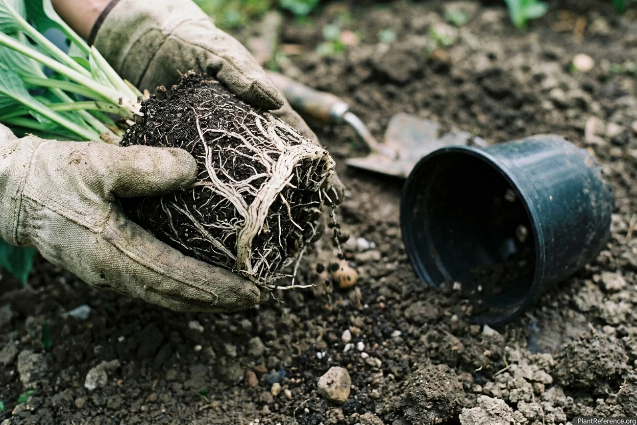 Perennial root ball removed from nursery pot showing circling roots before planting