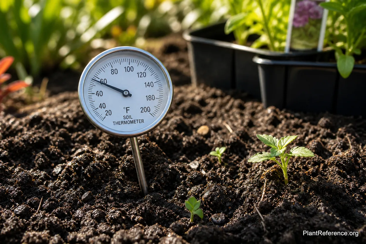 Soil thermometer inserted four inches deep in a garden bed to check planting temperature