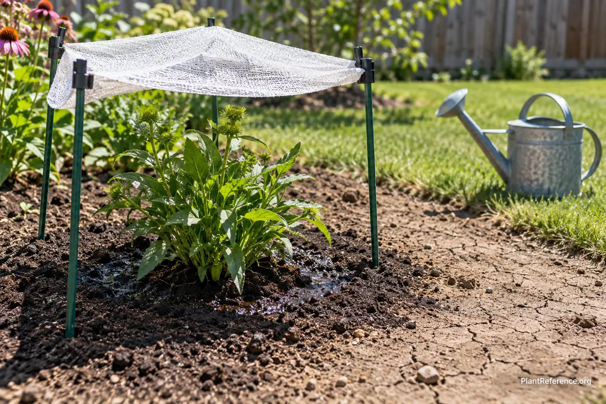 Shade cloth protecting a newly planted perennial during hot summer weather