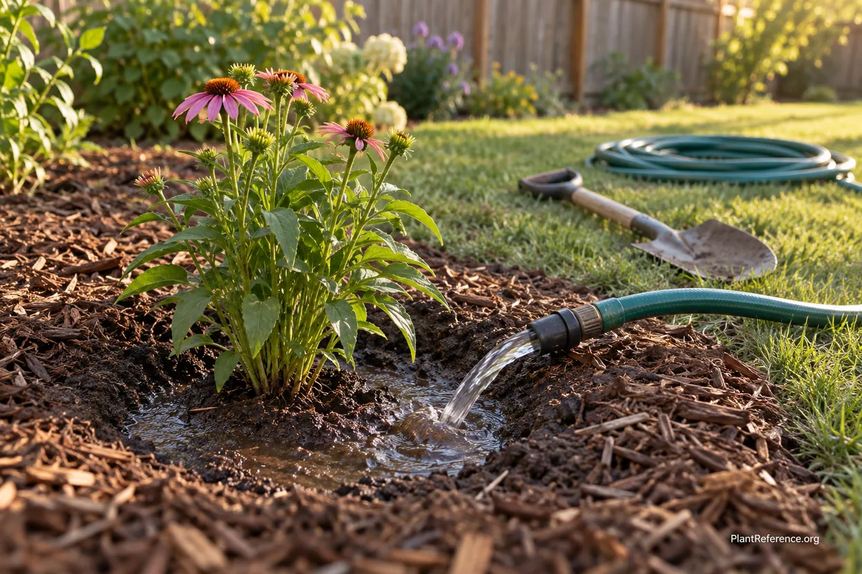 Watering in a newly planted perennial deeply to settle soil around the roots