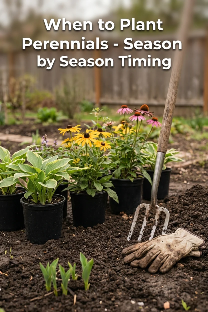 Planting perennials in spring showing nursery pots soil and tools in a garden bed