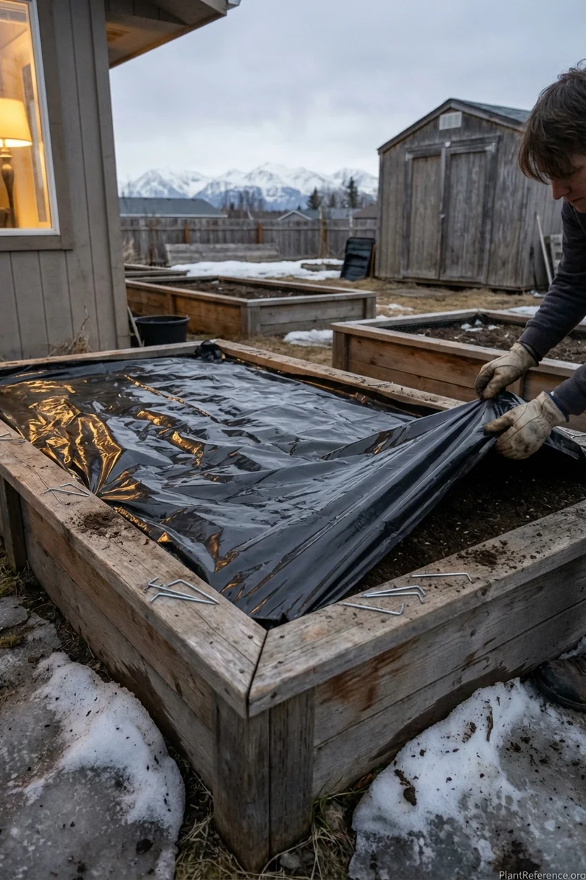 Installing black plastic mulch for soil warming in Anchorage Alaska spring garden