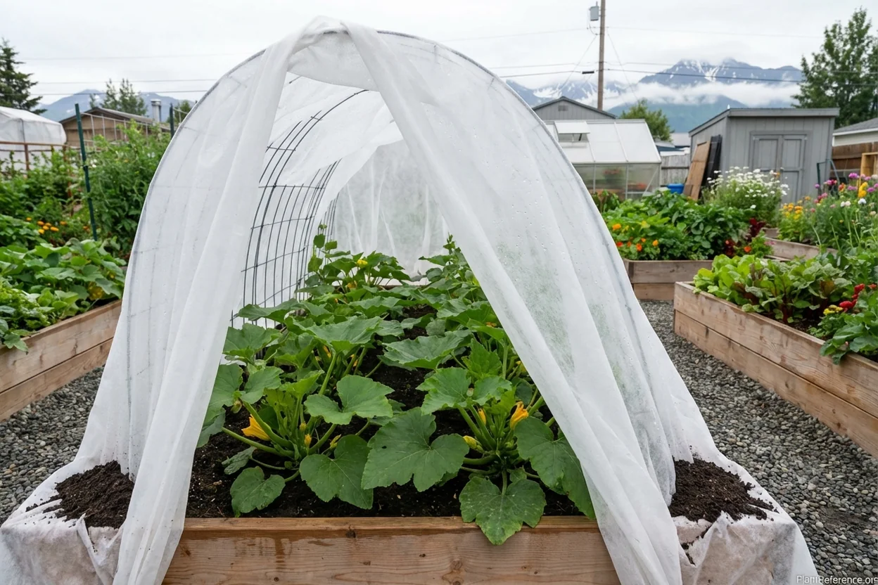 Floating row covers protecting squash plants in Anchorage Alaska garden