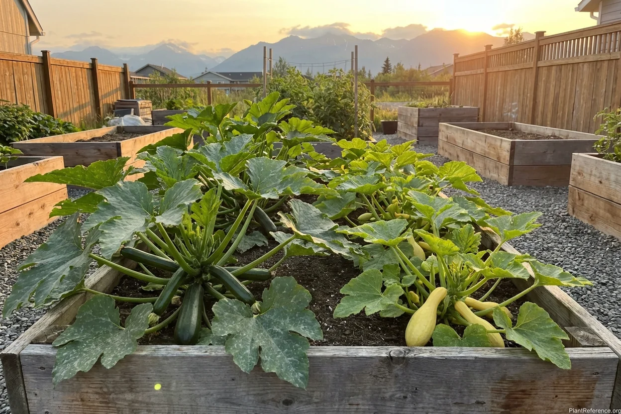 Black Beauty zucchini and Yellow Crookneck squash growing in Anchorage raised beds