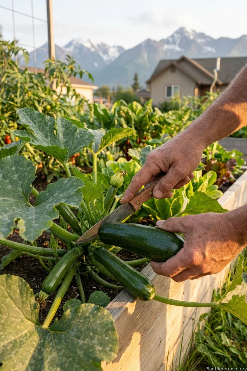 Harvesting zucchini at proper size in Anchorage Alaska garden