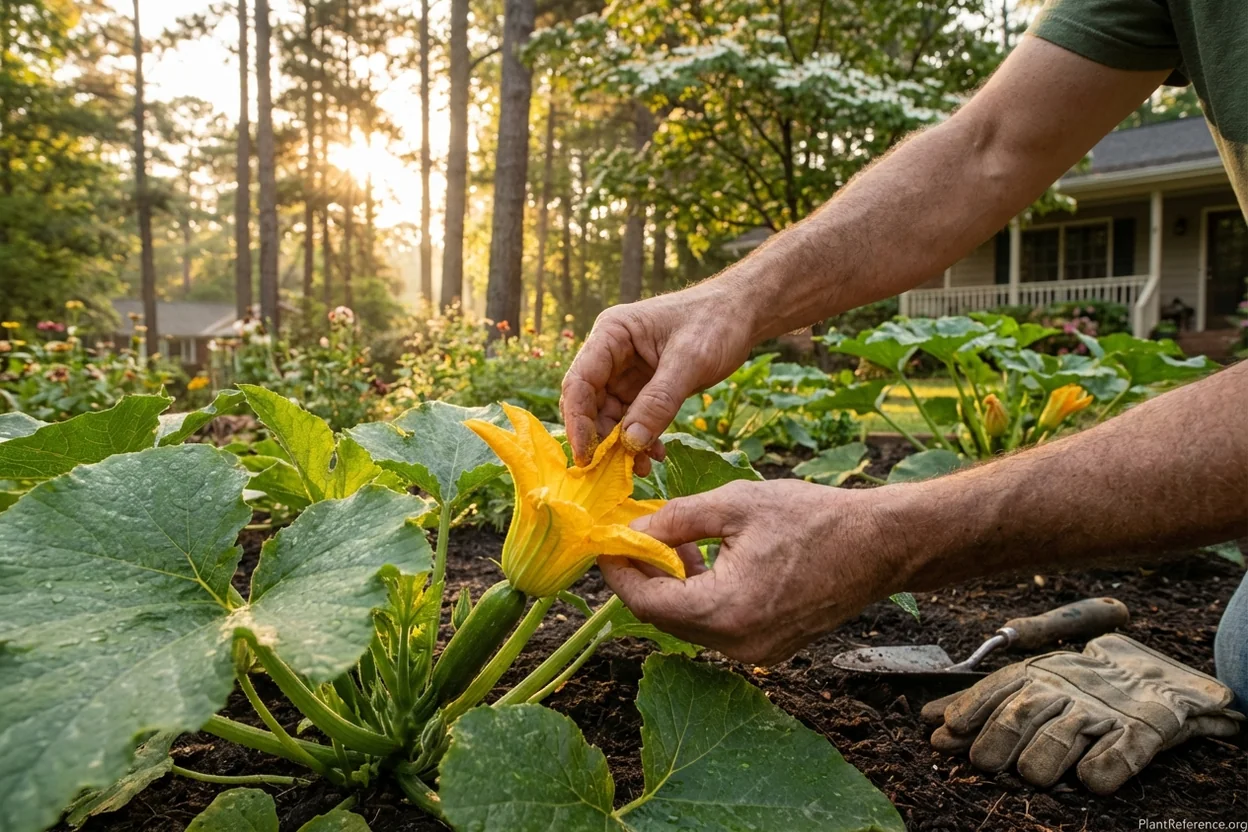 Gardener hand pollinating squash flowers in Atlanta demonstrating proper morning timing technique