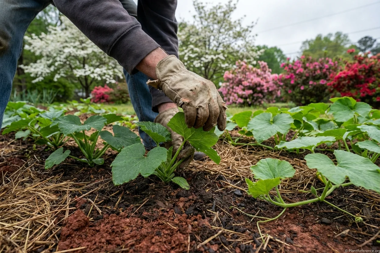 Atlanta gardener examining summer squash and winter squash seedlings showing growth differences in Zone 8a garden
