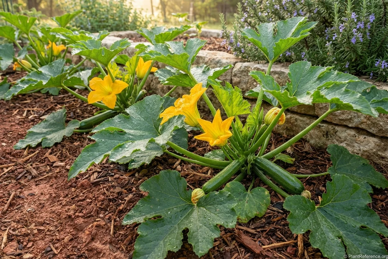 Black Beauty zucchini thriving in Austin Texas heat with healthy green leaves