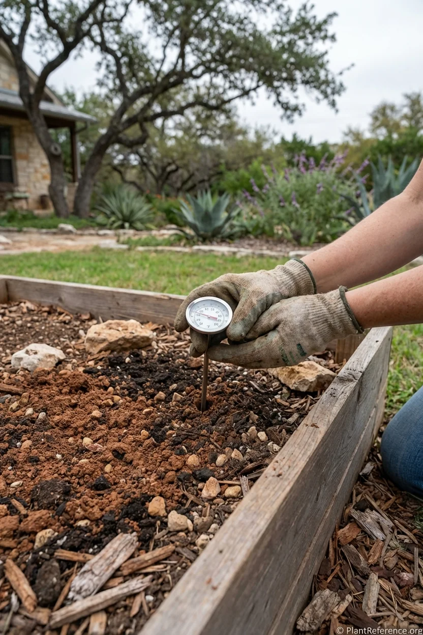 Checking soil temperature for squash planting in Austin Texas garden