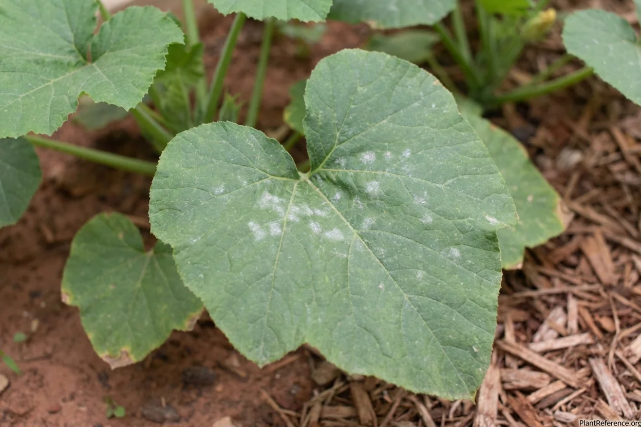 Early powdery mildew on squash leaves in Austin Texas humid garden conditions