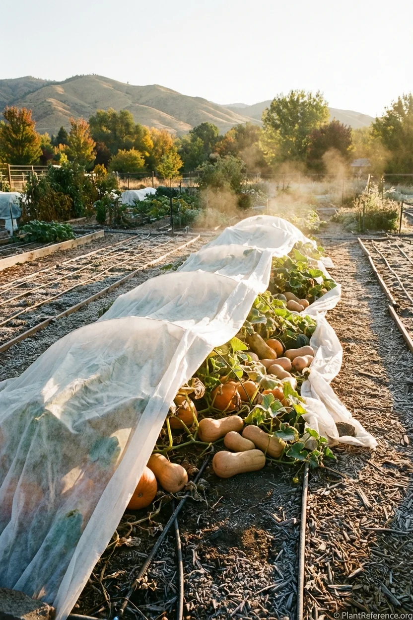 Winter squash plants protected with row covers from early frost in Boise Idaho garden
