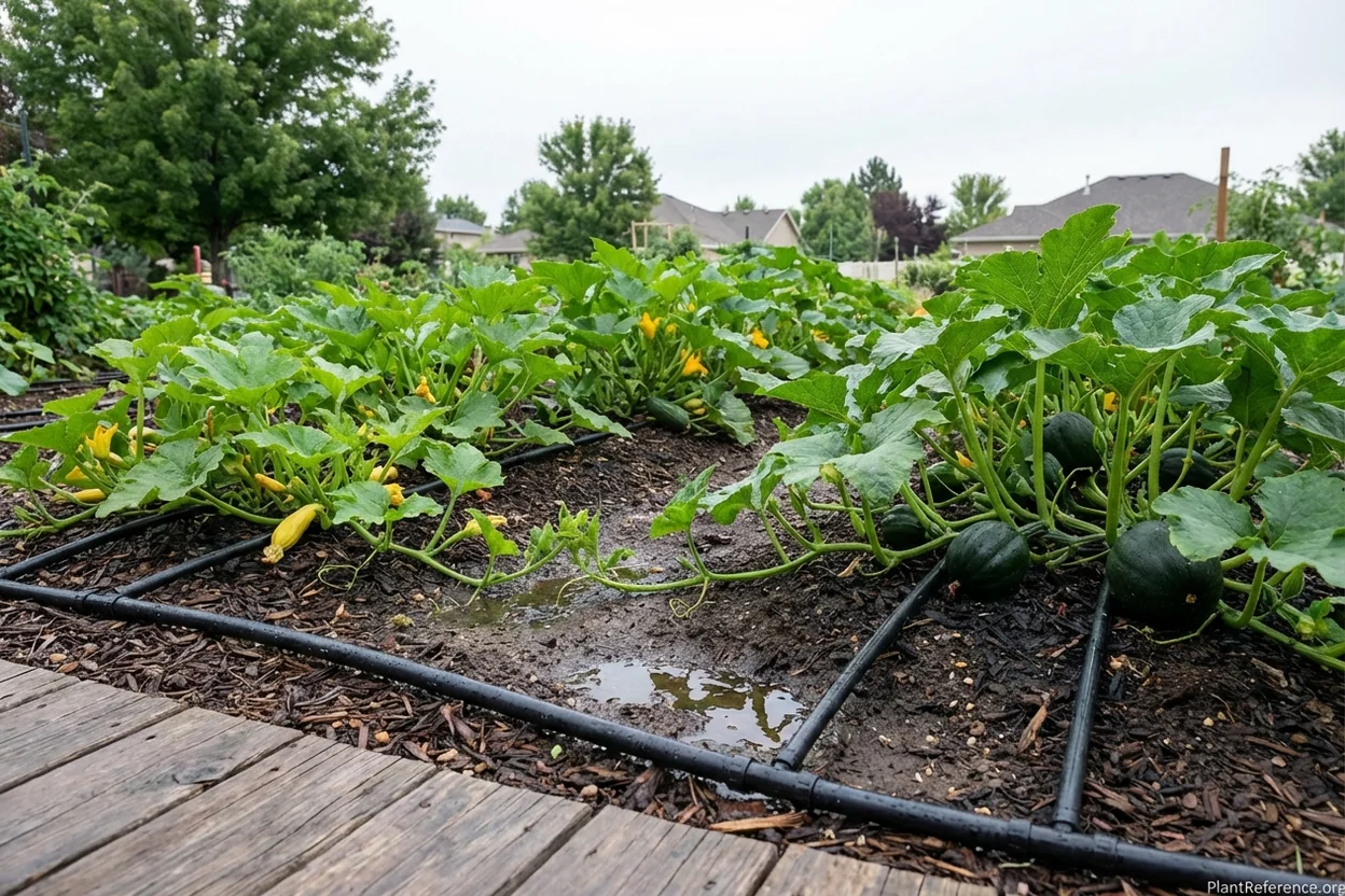 Drip irrigation watering system in Boise Idaho squash garden for efficient water management