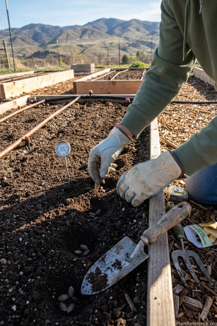 Planting squash seeds in Boise Idaho garden bed with soil temperature measurement