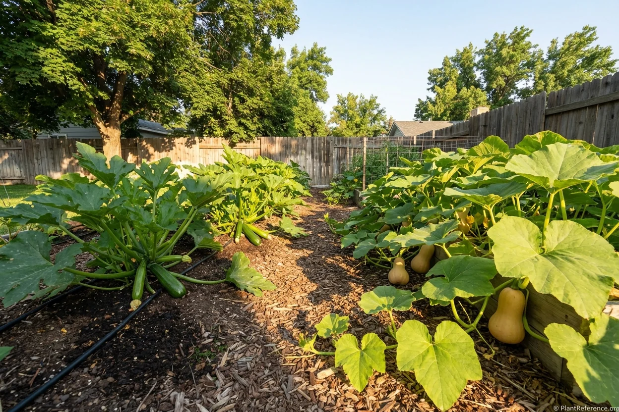 Summer zucchini and winter butternut squash varieties growing in Boise Idaho Zone 6a garden