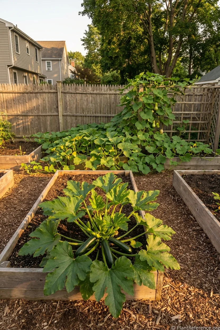 Bush zucchini plant contrasted with large butternut squash vines showing space requirements in Boston garden