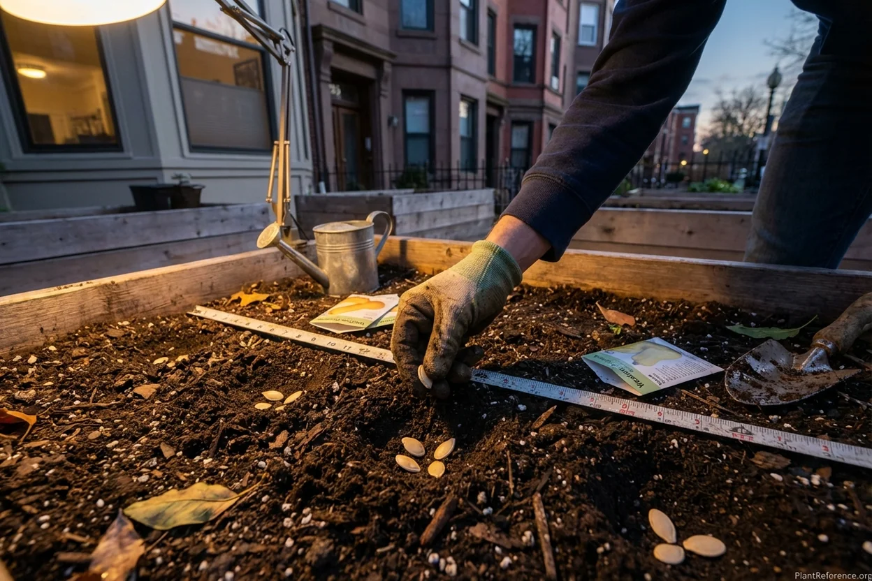 Direct seeding squash seeds in Boston garden during May with proper soil temperature measurement
