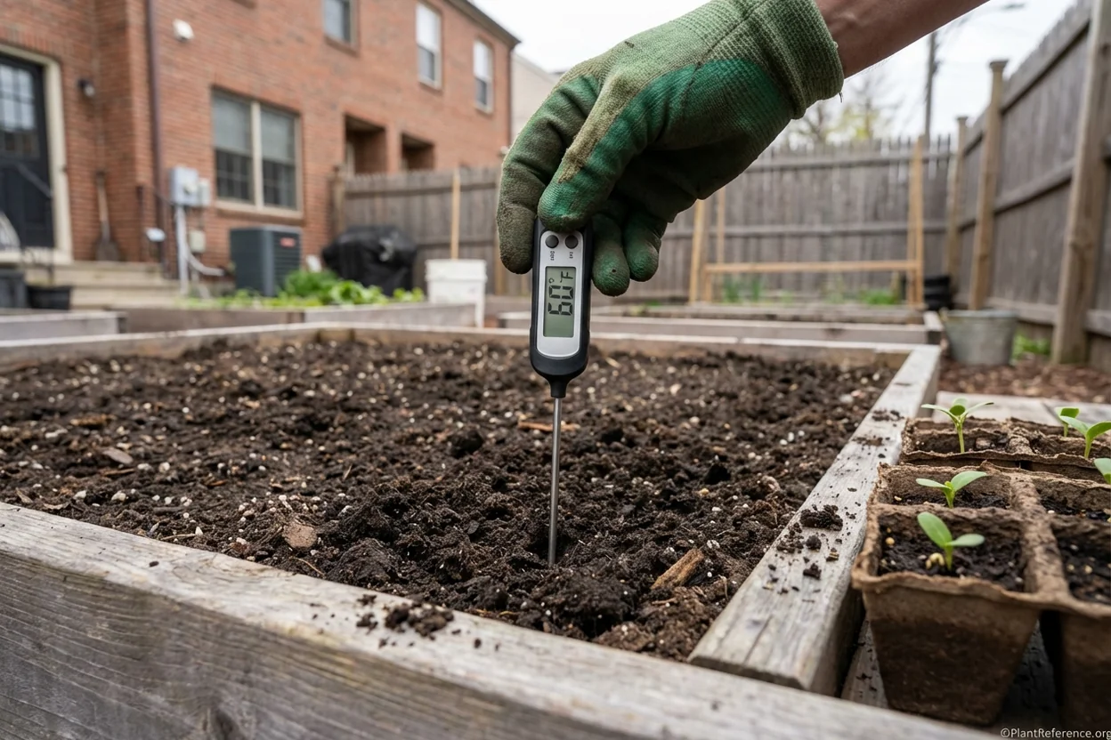 Soil thermometer reading 60°F in Boston garden indicating perfect squash planting conditions