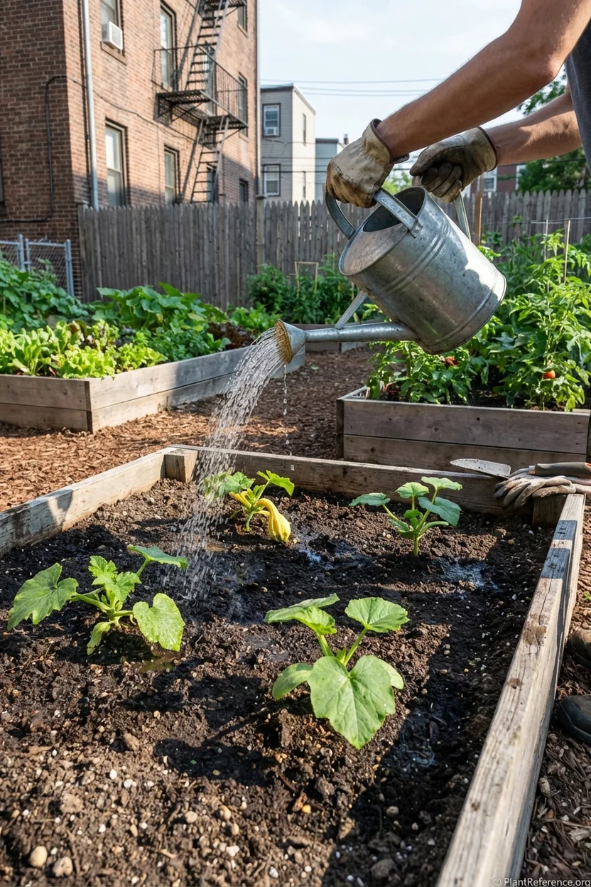 Watering newly transplanted squash seedlings in Boston urban garden showing proper spacing