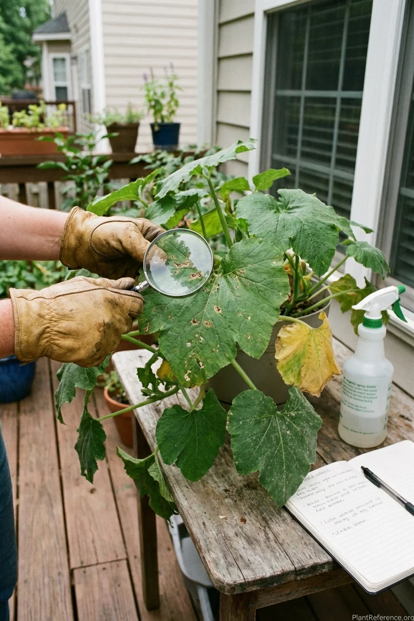 Gardener examining squash leaves for pest damage and applying organic treatment in Charlotte