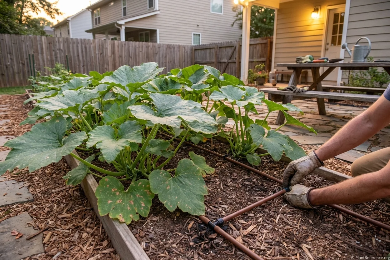 Drip irrigation system watering squash plants in Charlotte garden with mulched beds