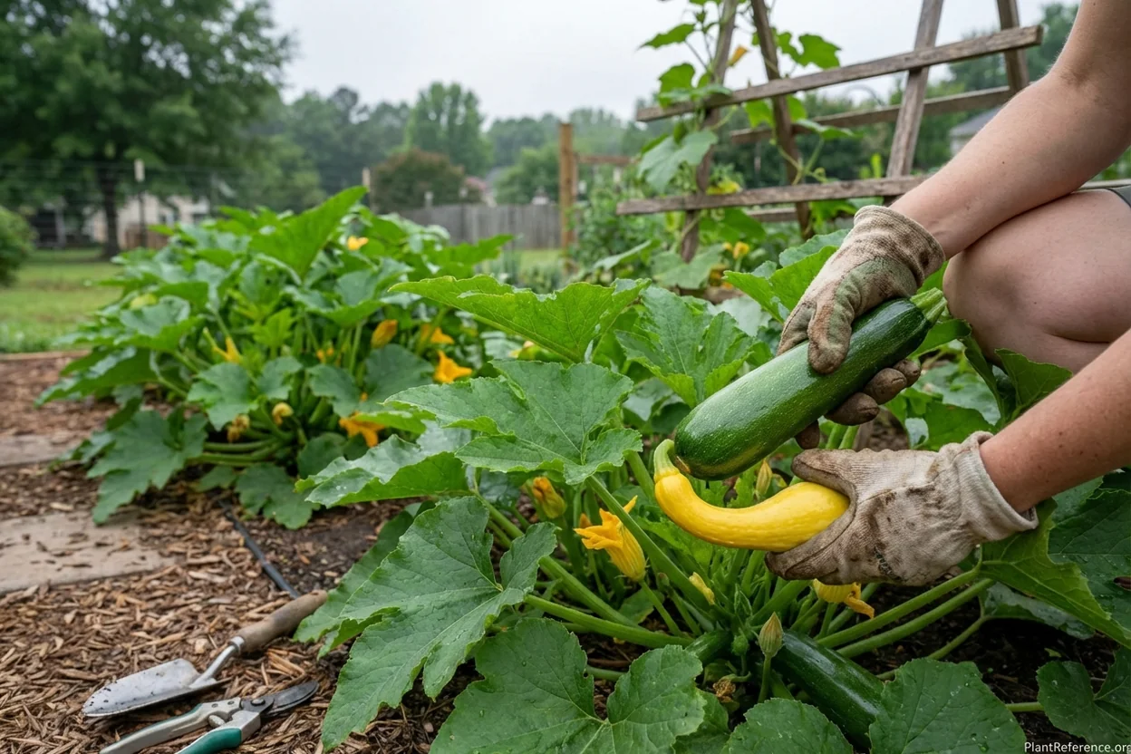 Fresh zucchini and yellow crookneck squash being harvested in Charlotte garden at optimal size