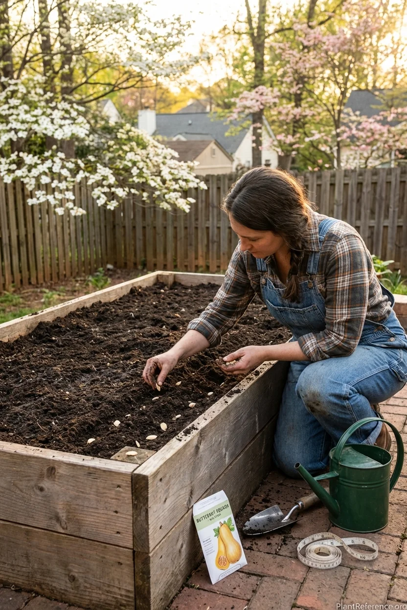 Planting butternut and acorn squash seeds in Charlotte raised bed in early May
