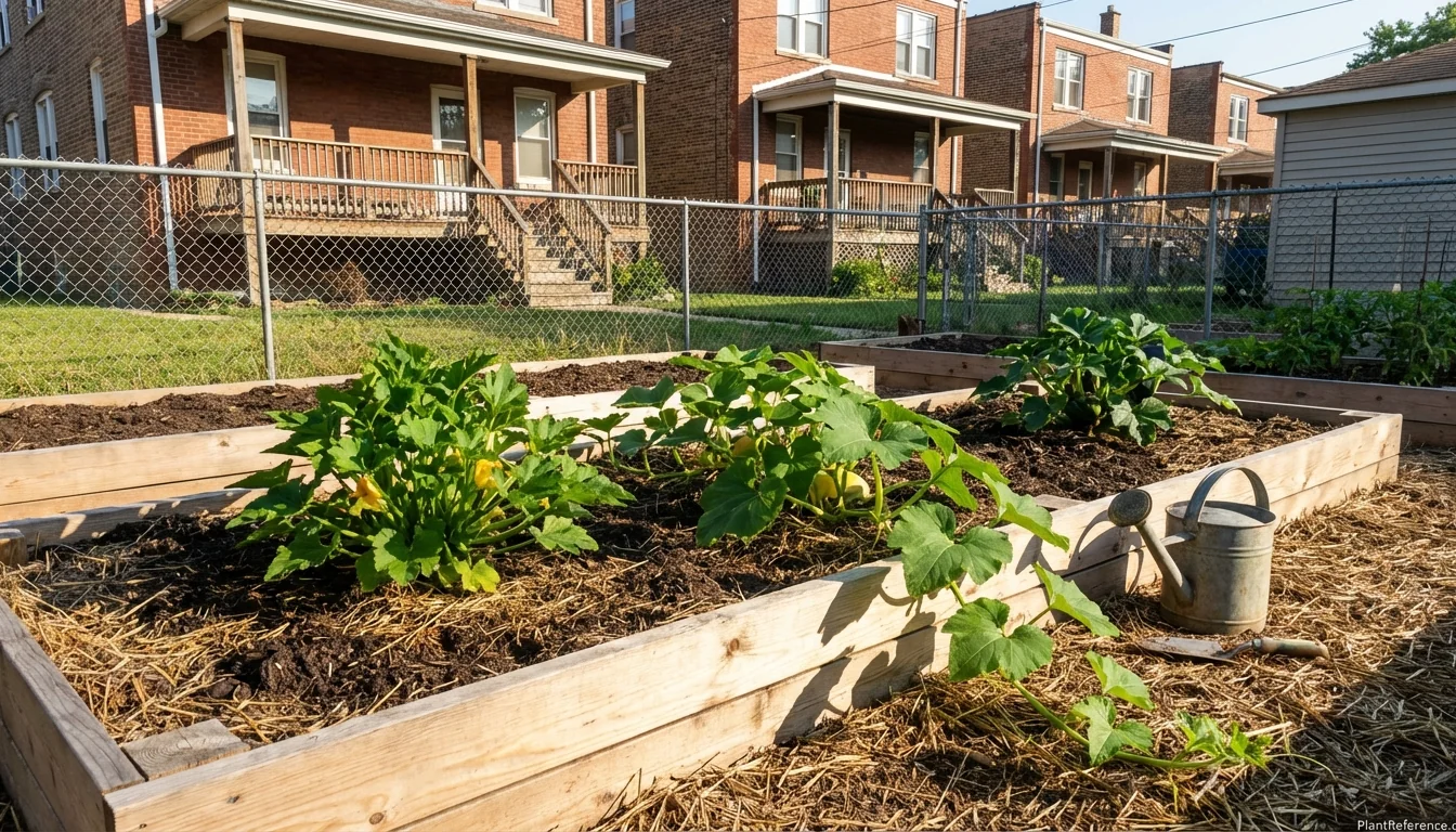 Squash plants growing in Chicago Zone 6a urban garden with optimal spacing
