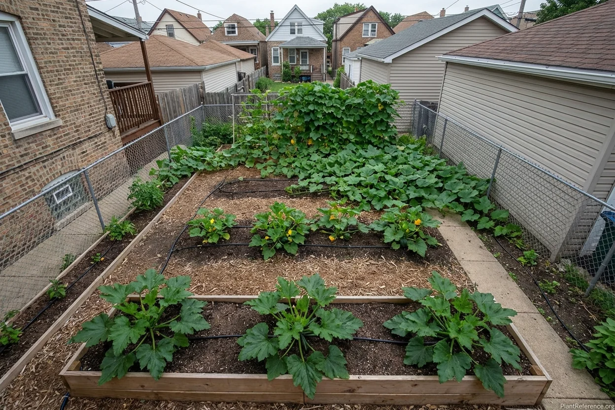 Strategic spacing of squash varieties in small Chicago urban garden showing efficient use of space