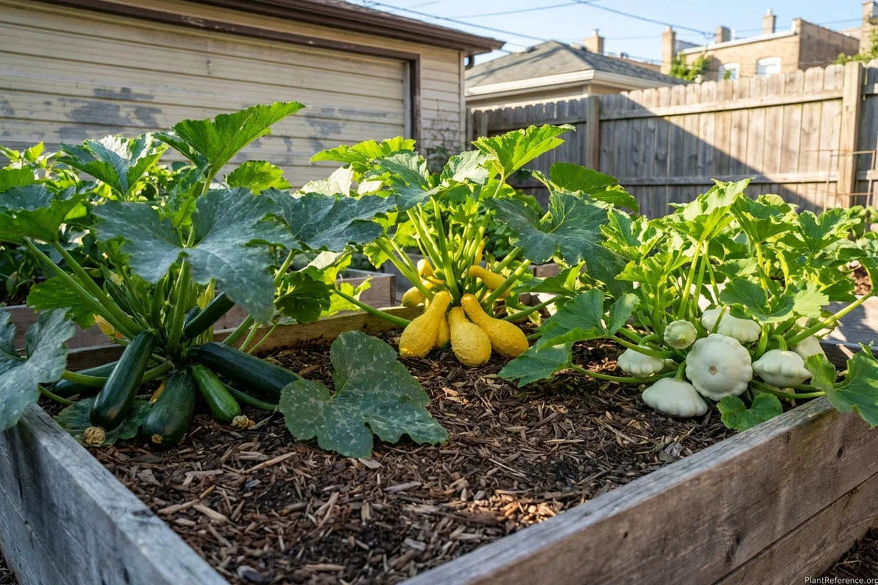 Black Beauty zucchini, Yellow Crookneck, and Pattypan squash growing in Chicago Zone 6a garden