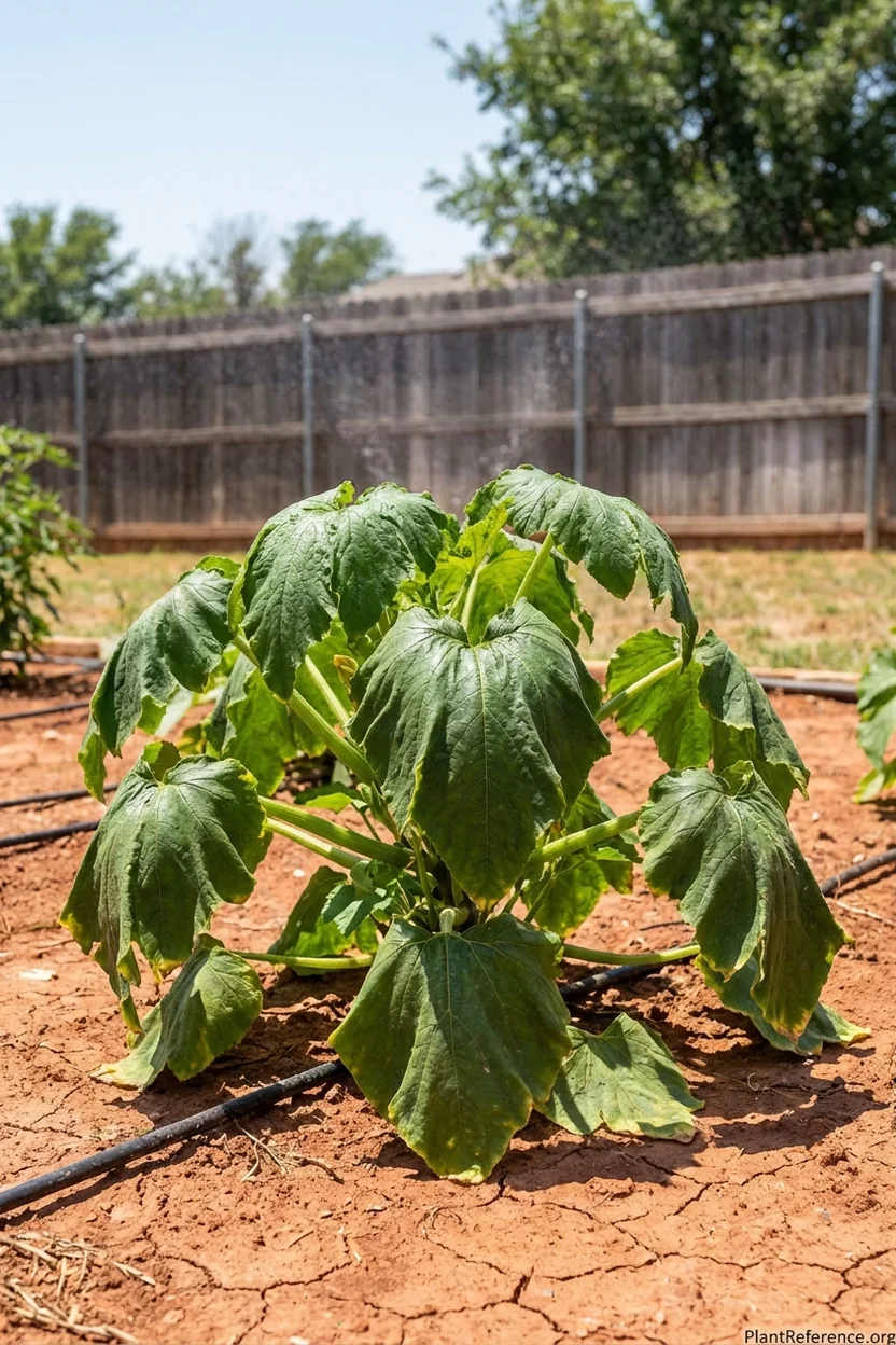 Heat stress wilting in Dallas Zone 8a squash plants during summer