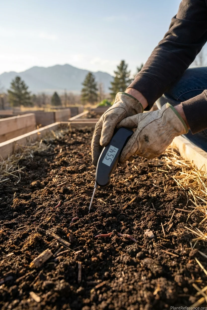 Checking soil temperature before planting squash in Denver Zone 5a garden