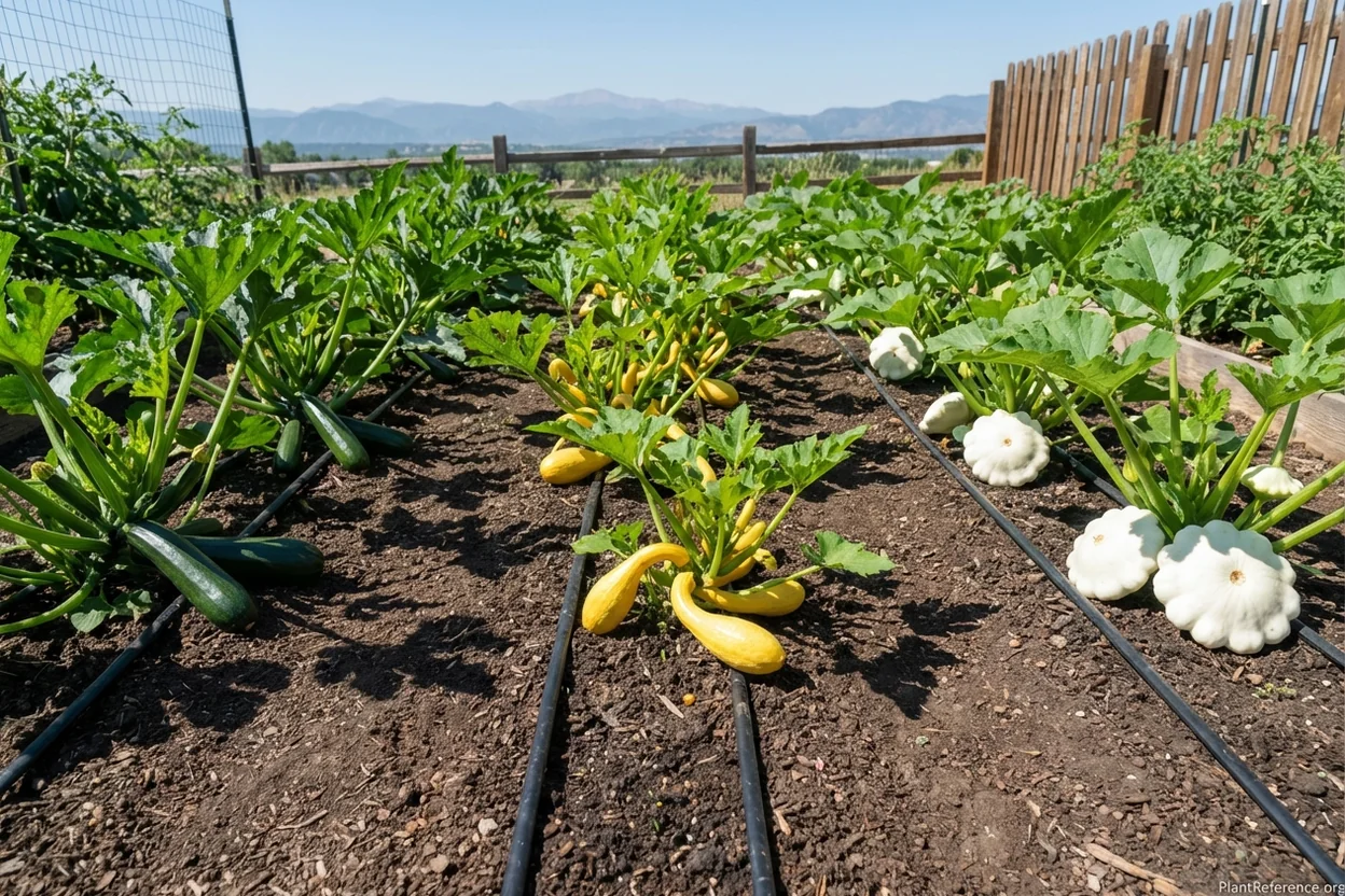 Black Beauty zucchini, Yellow Crookneck, and Pattypan squash growing in Denver Zone 5a garden
