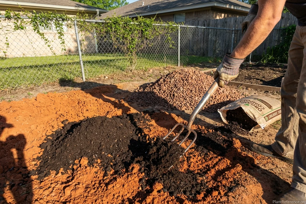 Amending Houston's red clay soil with compost for successful squash growing