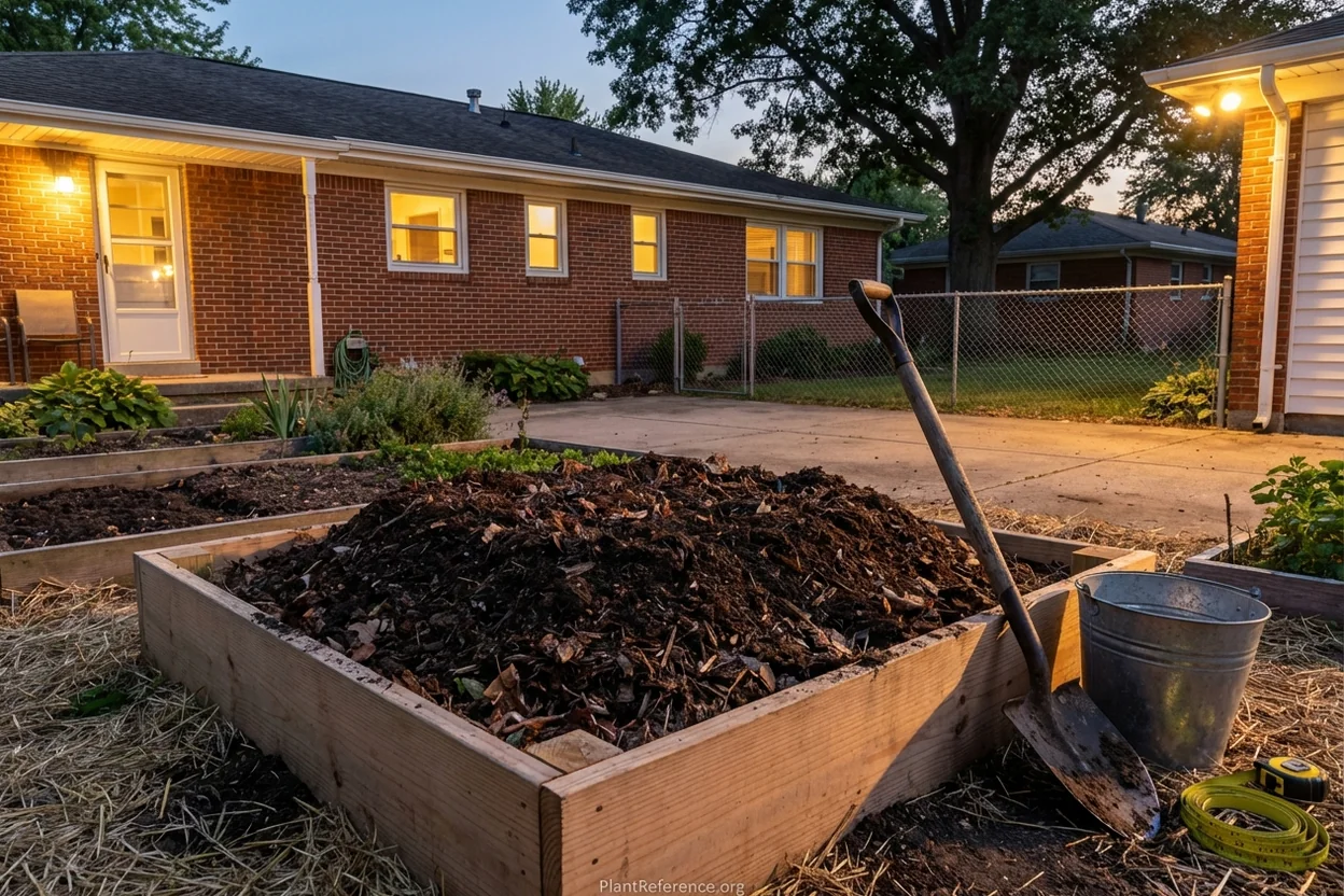 Raised mounded bed for squash growing in Indianapolis clay soil with compost amendment