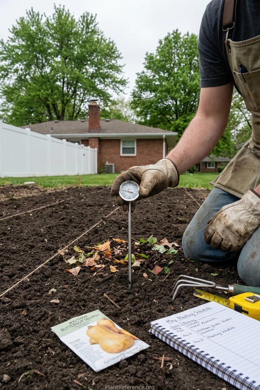 Checking 60-degree soil temperature for squash planting in Indianapolis Zone 5b garden
