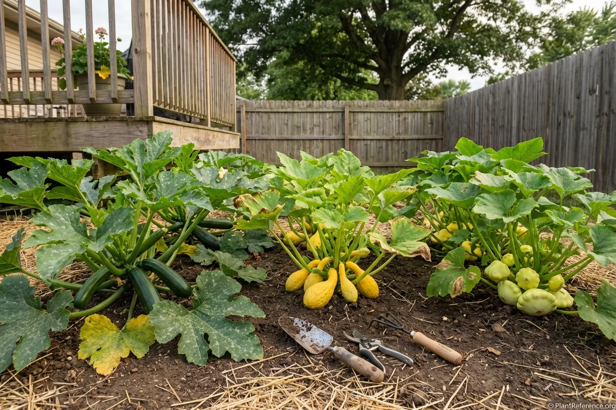 Black Beauty zucchini, yellow crookneck, and pattypan squash varieties growing in Indianapolis Zone 5b garden