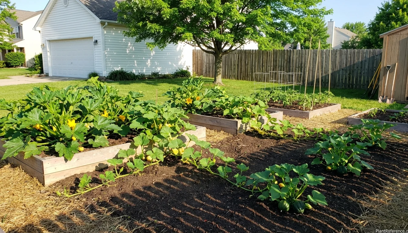Thriving squash plants in Indianapolis Zone 5b garden showing summer and winter varieties growing successfully