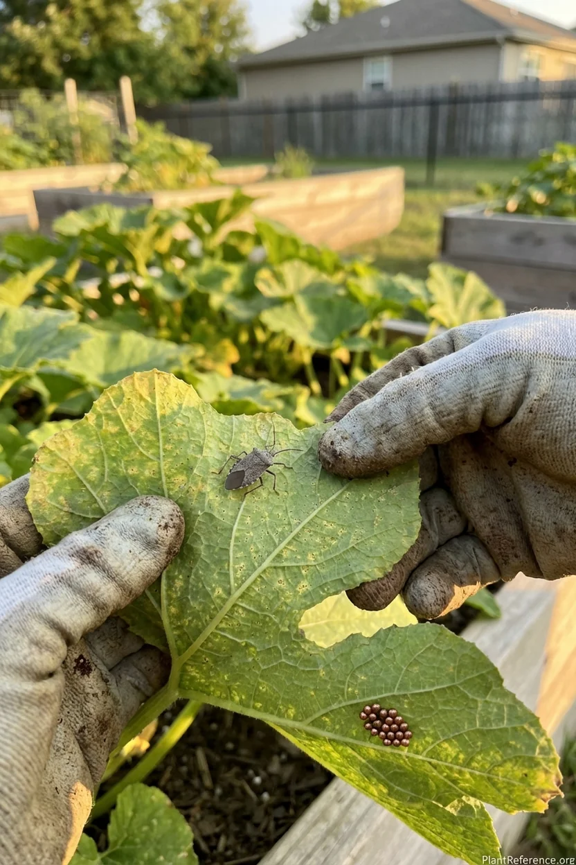 Squash bug damage on Kansas City squash plants showing yellowing leaves