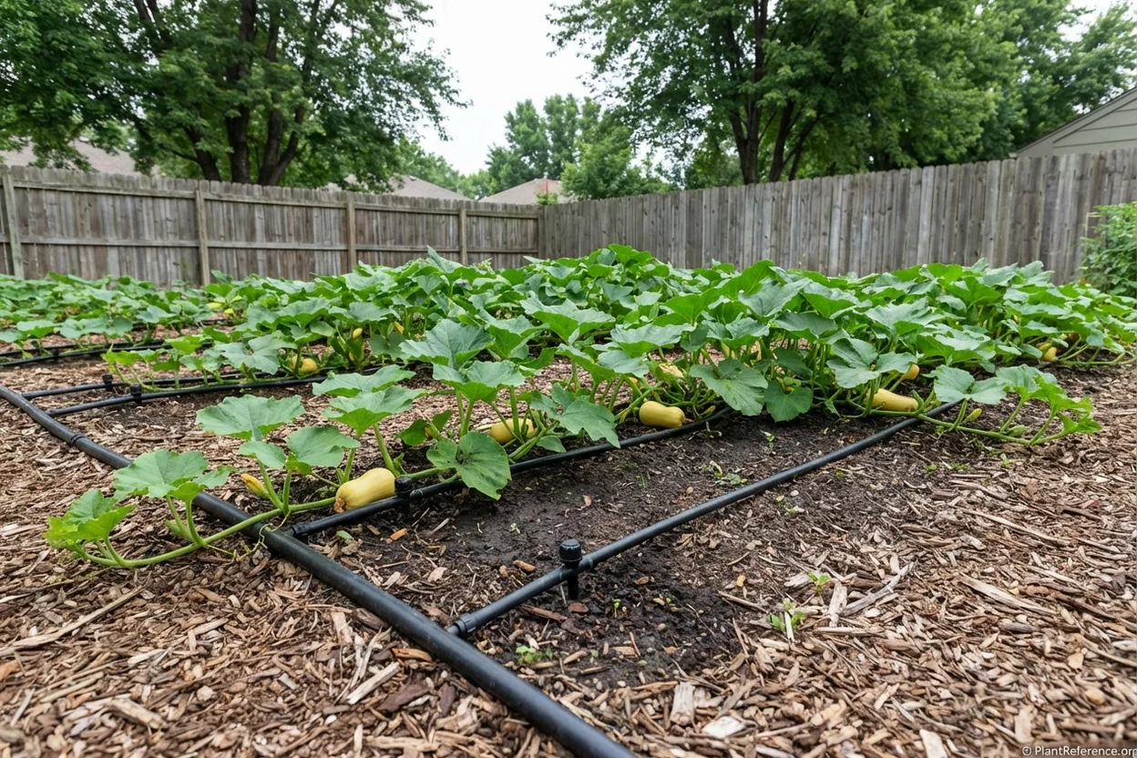 Drip irrigation system in Kansas City squash garden preventing drought stress