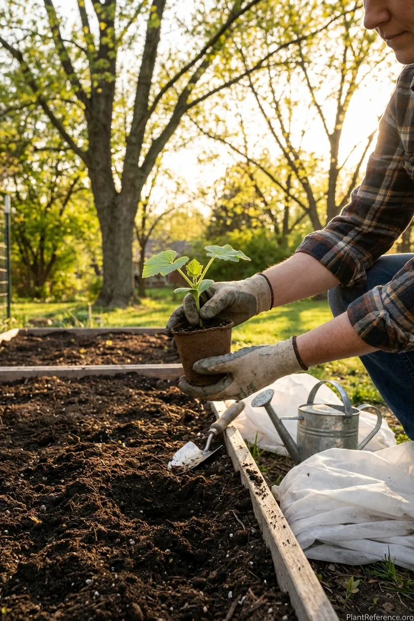 Transplanting winter squash seedlings in Kansas City garden in May