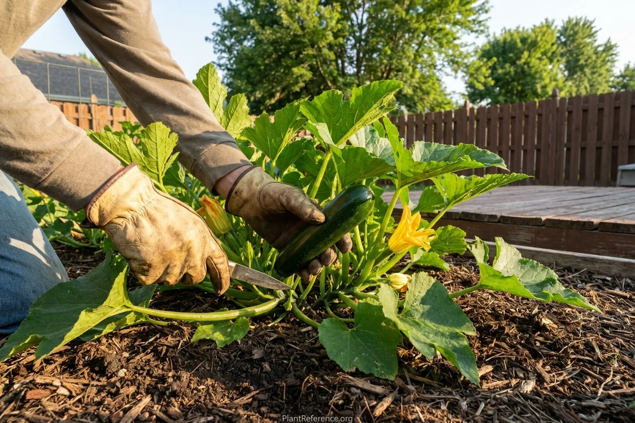 Harvesting Black Beauty zucchini at proper 6-8 inch size in Kansas City garden