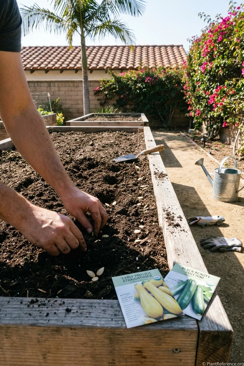 Planting squash seeds in Los Angeles garden beds in March for optimal growing season