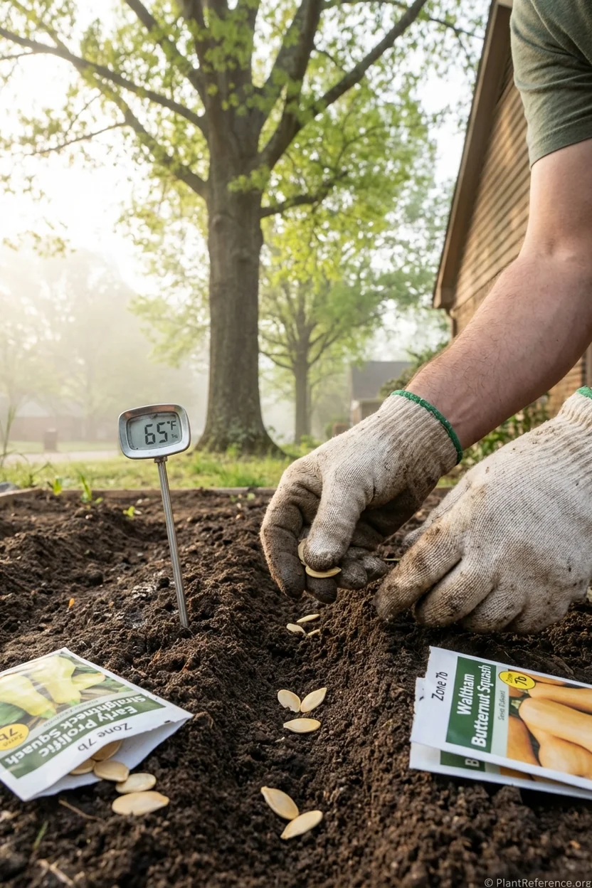 Planting squash seeds in Memphis Tennessee garden bed at proper soil temperature for Zone 7b
