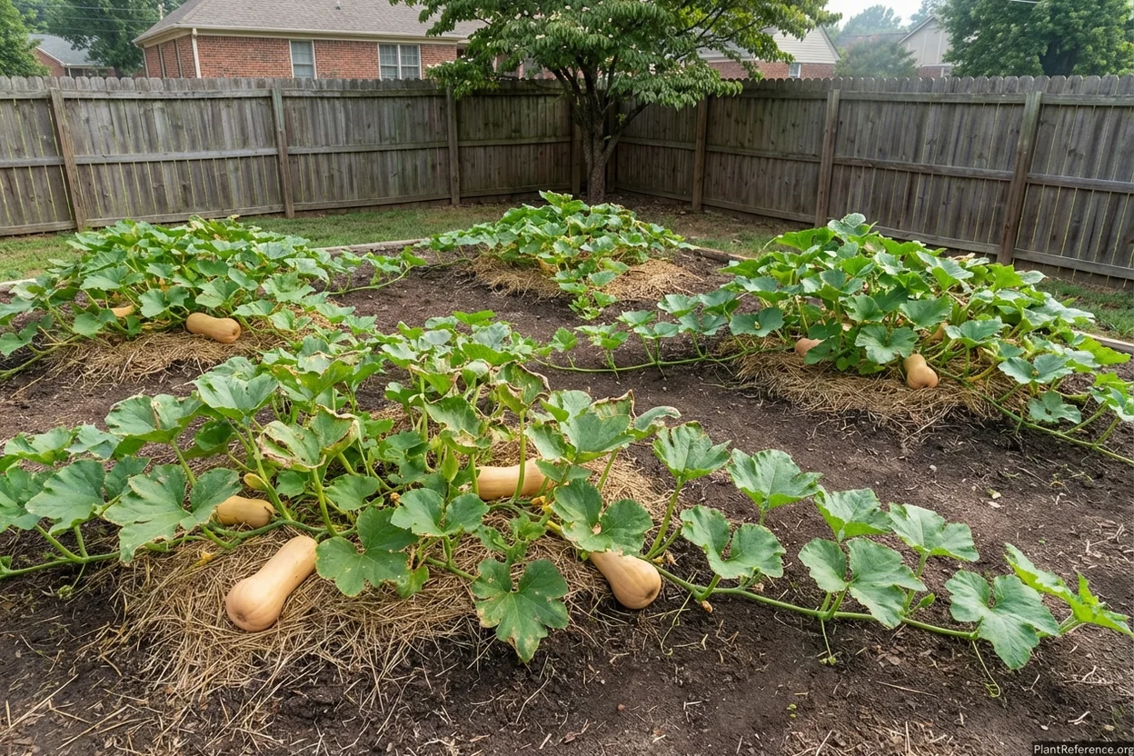 Properly spaced butternut squash vines in Memphis garden showing optimal air circulation for humidity management